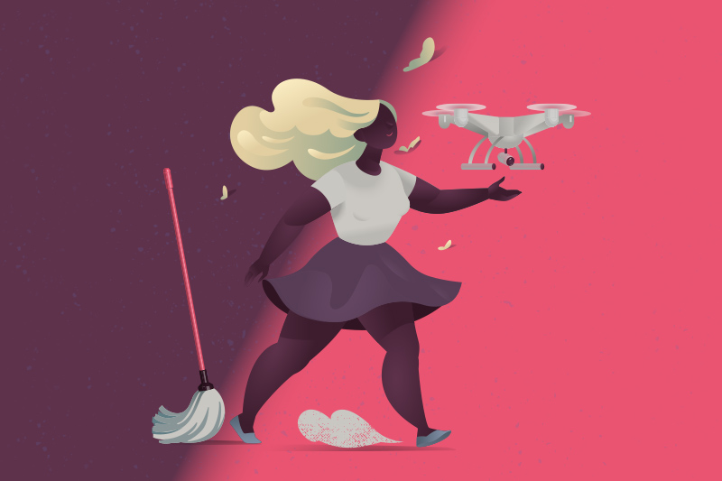 illustration kvinna går mot drönare