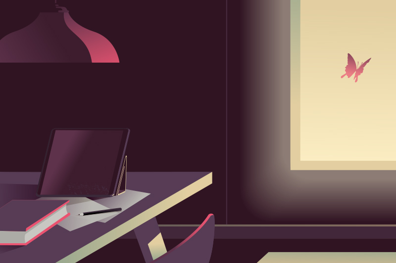 illustration fjäril flyger ut genom fönster